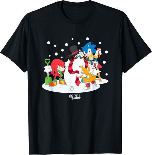 Sonic The Hedgehog Christmas Team Sonic Building Snowman T-Shirt - T-Shirt | Black