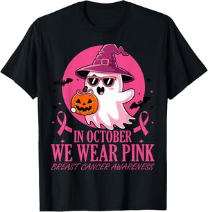 In October We Wear Pink Breast Cancer Awareness Halloween T-Shirt - T-Shirt | Black