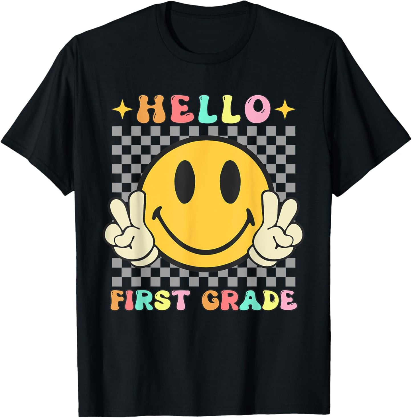 Retro Groovy 1st Grade Back to School Hello First Grade T-Shirt - T-Shirt | Black