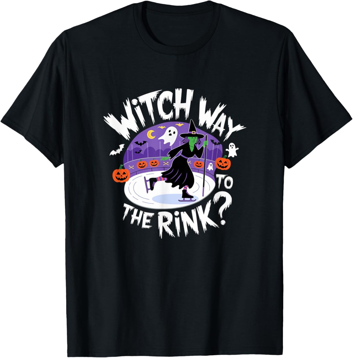 Witch Way to The Rink Funny Spooky Halloween Ice skating T-Shirt - T-Shirt | Black