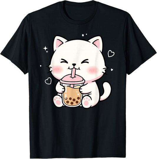 Kawaii Cat Boba Japanese Cute Aesthetic Anime Girls Teens T-Shirt - T-Shirt | Black