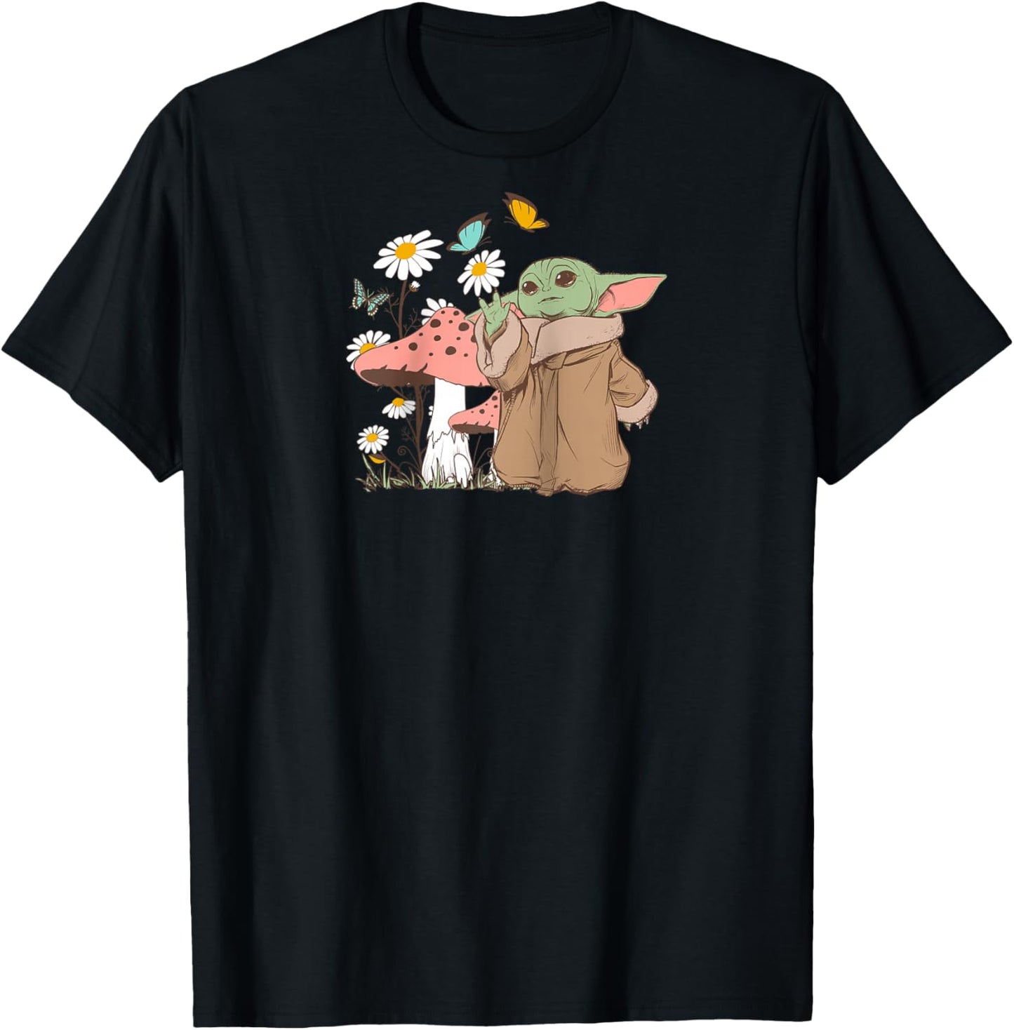 Star Wars The Mandalorian Grogu Flowers & Butterflies Spring Raglan Baseball T-Shirt - T-Shirt | Black