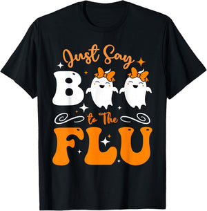 Say Boo To The Flu Funny Halloween Bow Cute Ghost Boo To Flu T-Shirt - T-Shirt | Black