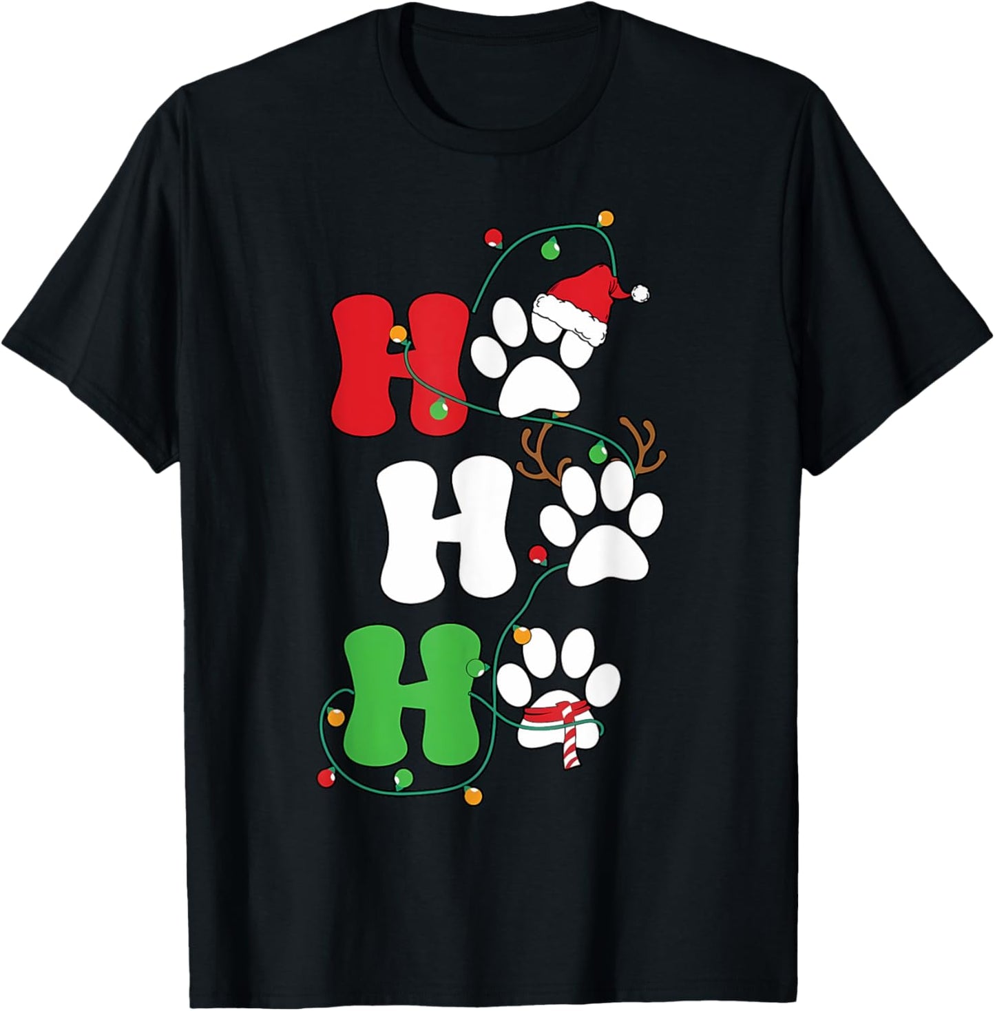 Ho Ho Ho Christmas Dog Paws Print Funny Christmas Dog Lover T-Shirt - T-Shirt | Black