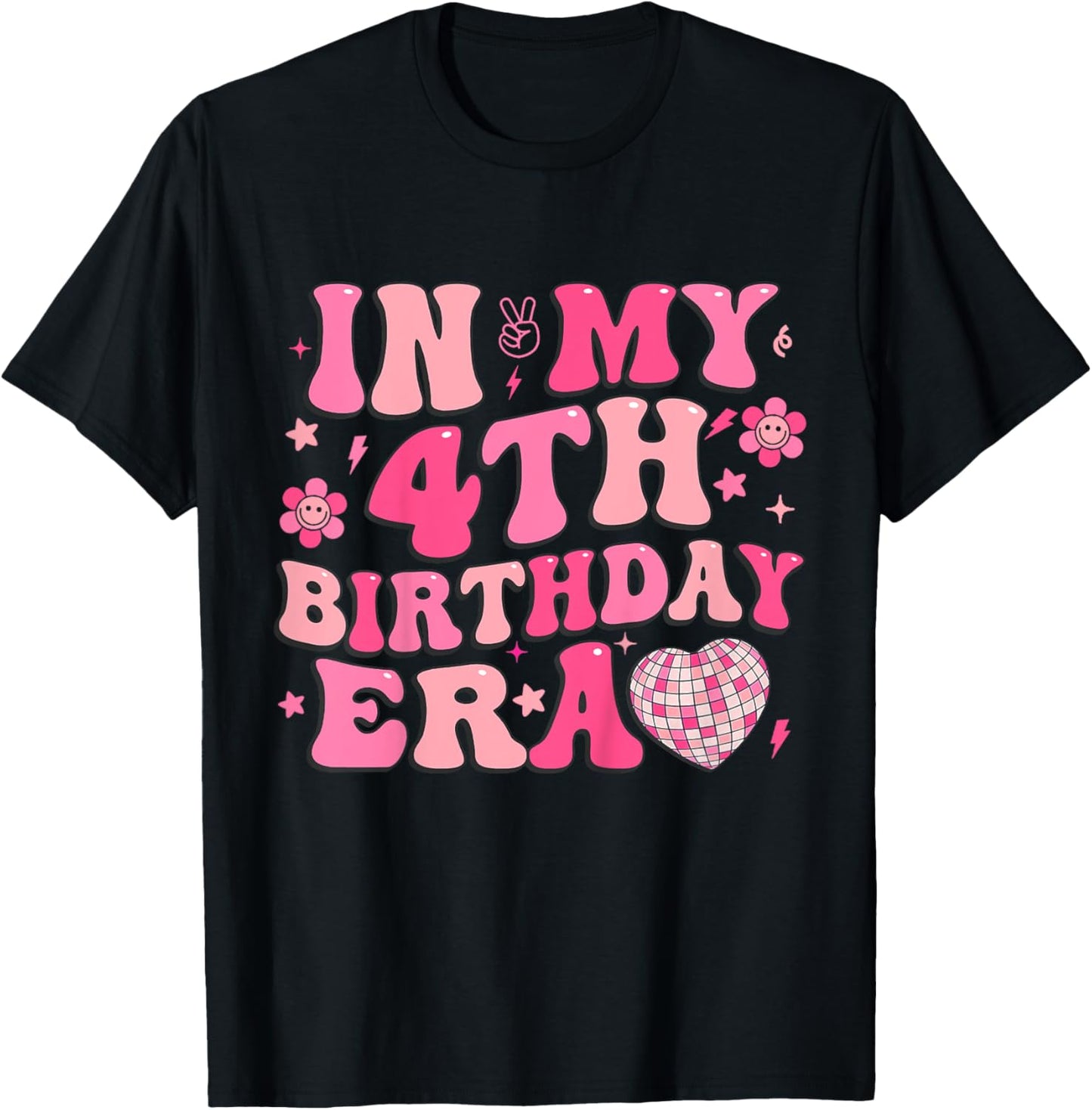 Kids Groovy In My 4th Birthday Era Four 4 Years Old Disco Heart T-Shirt - T-Shirt | Black