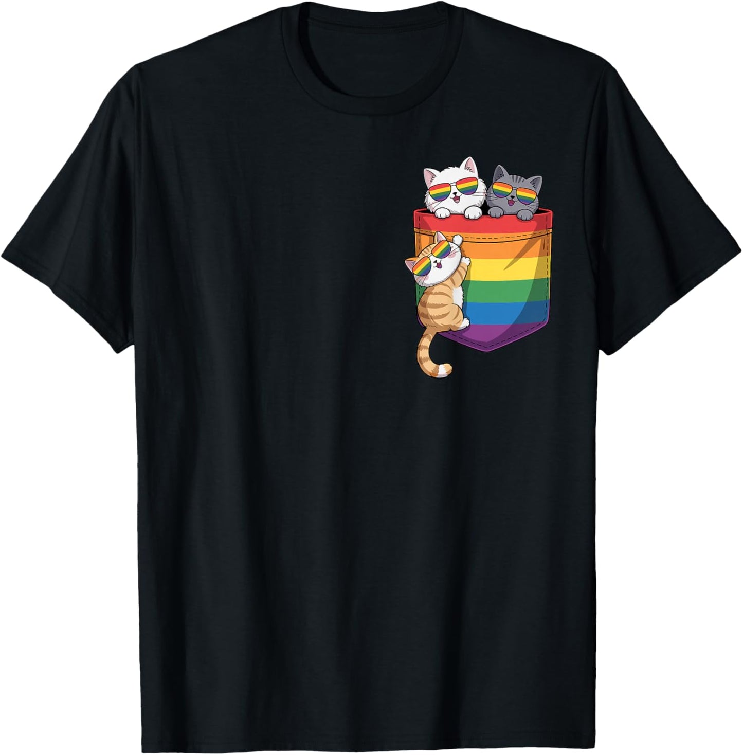 Funny Pocket Cute Cat Ally LGBT Gay Rainbow Flag Pride Month T-Shirt - T-Shirt | Black