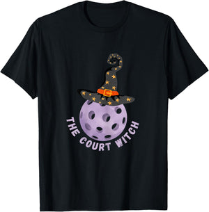 Fun Halloween Pickleball The Court Witch Purple Hat Shirt T-Shirt - T-Shirt | Black
