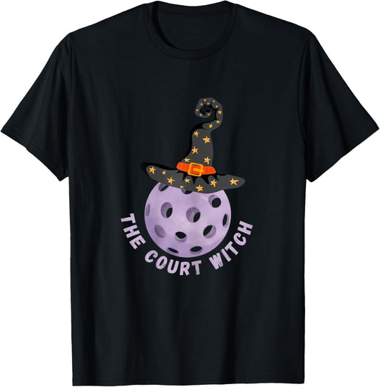 Fun Halloween Pickleball The Court Witch Purple Hat Shirt T-Shirt - T-Shirt | Black