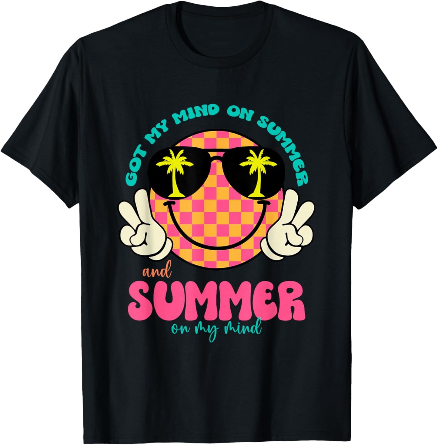 Groovy Happy Face Summer Vibes Got My Mind On Summer Teacher T-Shirt - T-Shirt | Black