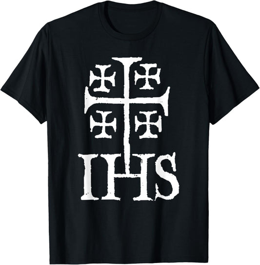 Jerusalem Cross IHS Catholic Funny Knights Templar Christian T-Shirt - T-Shirt | Black