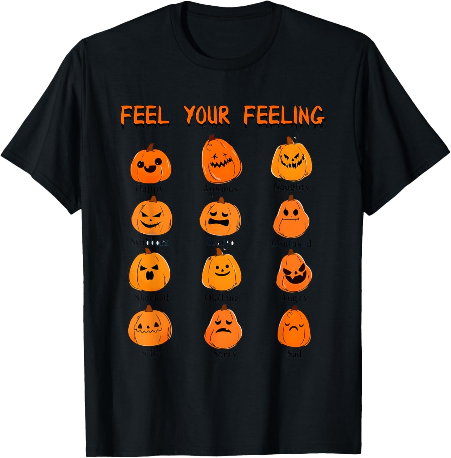 Retro Feel Your Feeling Halloween Pumpkin Face Expressions T-Shirt - T-Shirt | Black