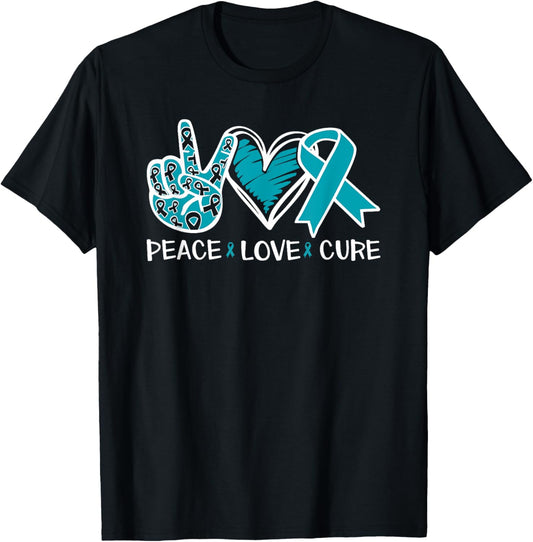 Ovarian Cancer Peace Love Cure Teal Ribbon T-Shirt - T-Shirt | Black