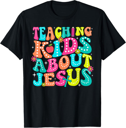 Teaching Kids About Jesus Christian Teacher Retro Groovy T-Shirt - T-Shirt | Black