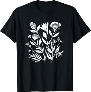 White Botanical Silhouette Flower Stamp T-Shirt - T-Shirt | Black