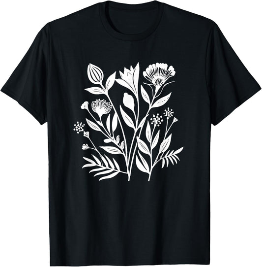 White Botanical Silhouette Flower Stamp T-Shirt - T-Shirt | Black