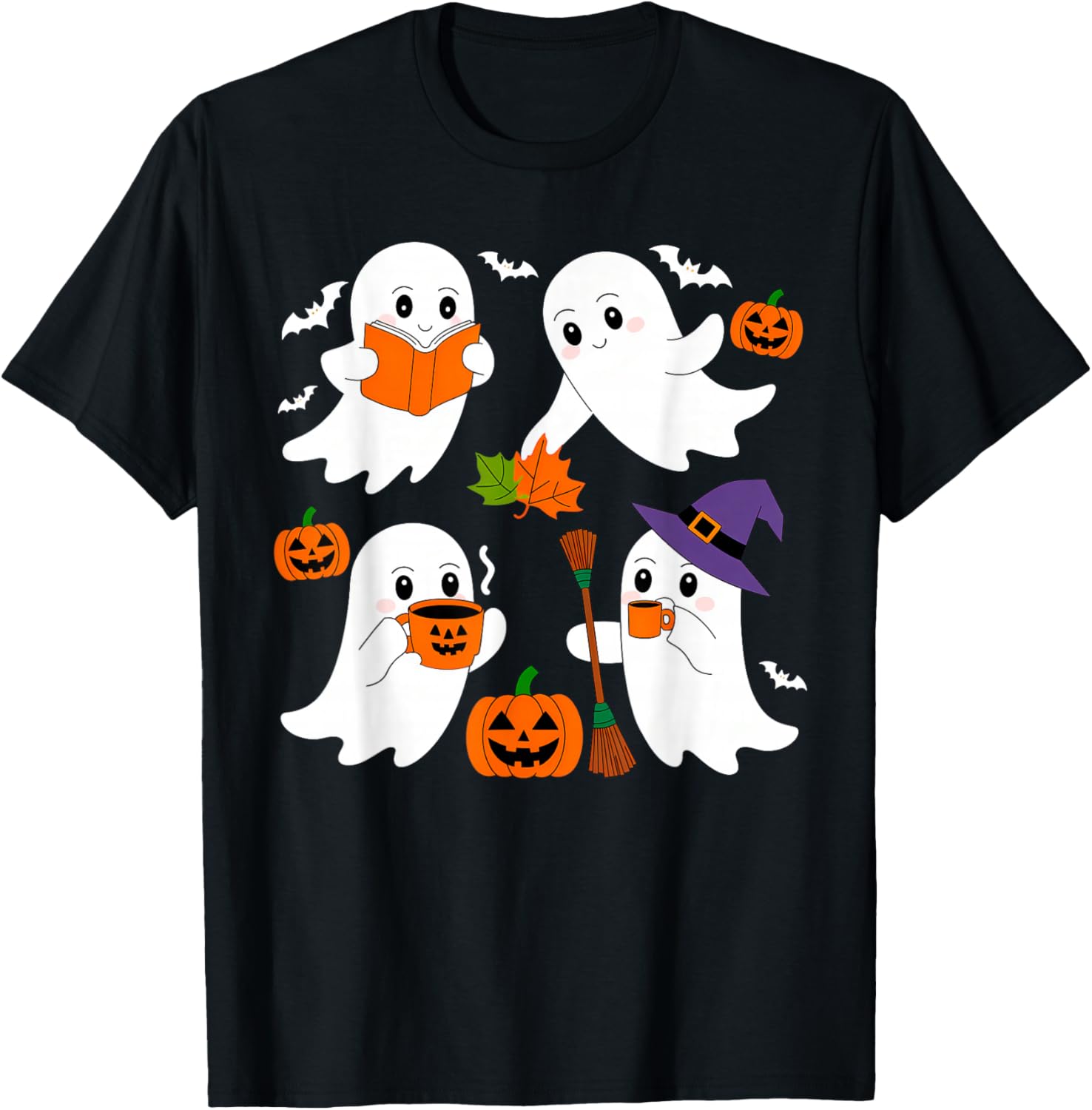 Cute Ghost Drinking Coffee Halloween Fall Ghost Book Reading T-Shirt - T-Shirt | Black