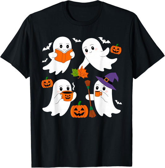Cute Ghost Drinking Coffee Halloween Fall Ghost Book Reading T-Shirt - T-Shirt | Black
