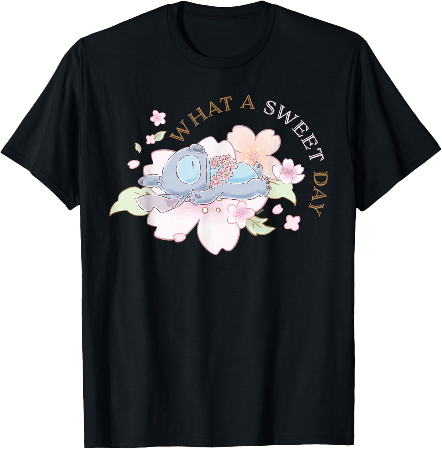 Disney Stitch What a Sweet Day Sakura Spring Cherry Blossom T-Shirt - T-Shirt | Black