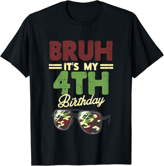 Kids Bruh My 4th Birthday Camo Sunglasses 4 Bday Boys Girls Kids T-Shirt - T-Shirt | Black