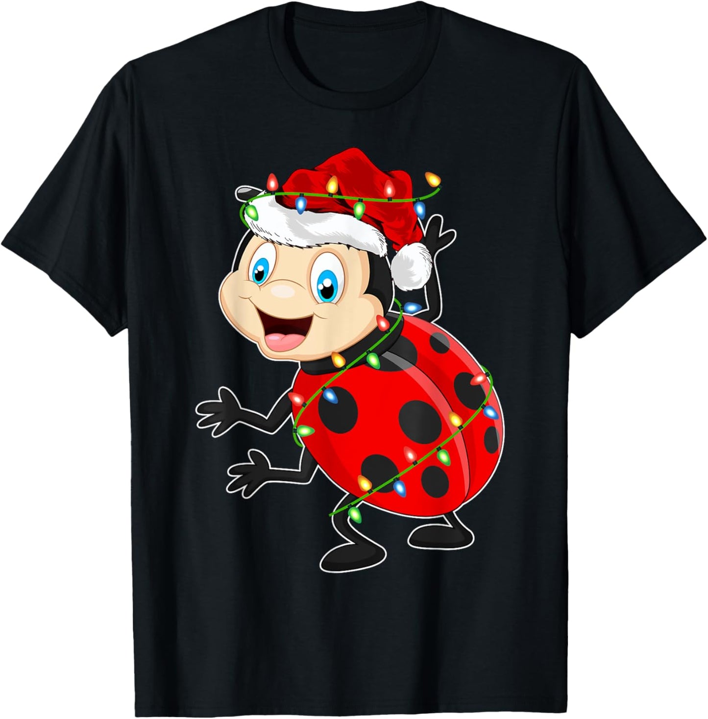 Xmas Lights Santa Hat Ladybug Christmas T-Shirt - T-Shirt | Black