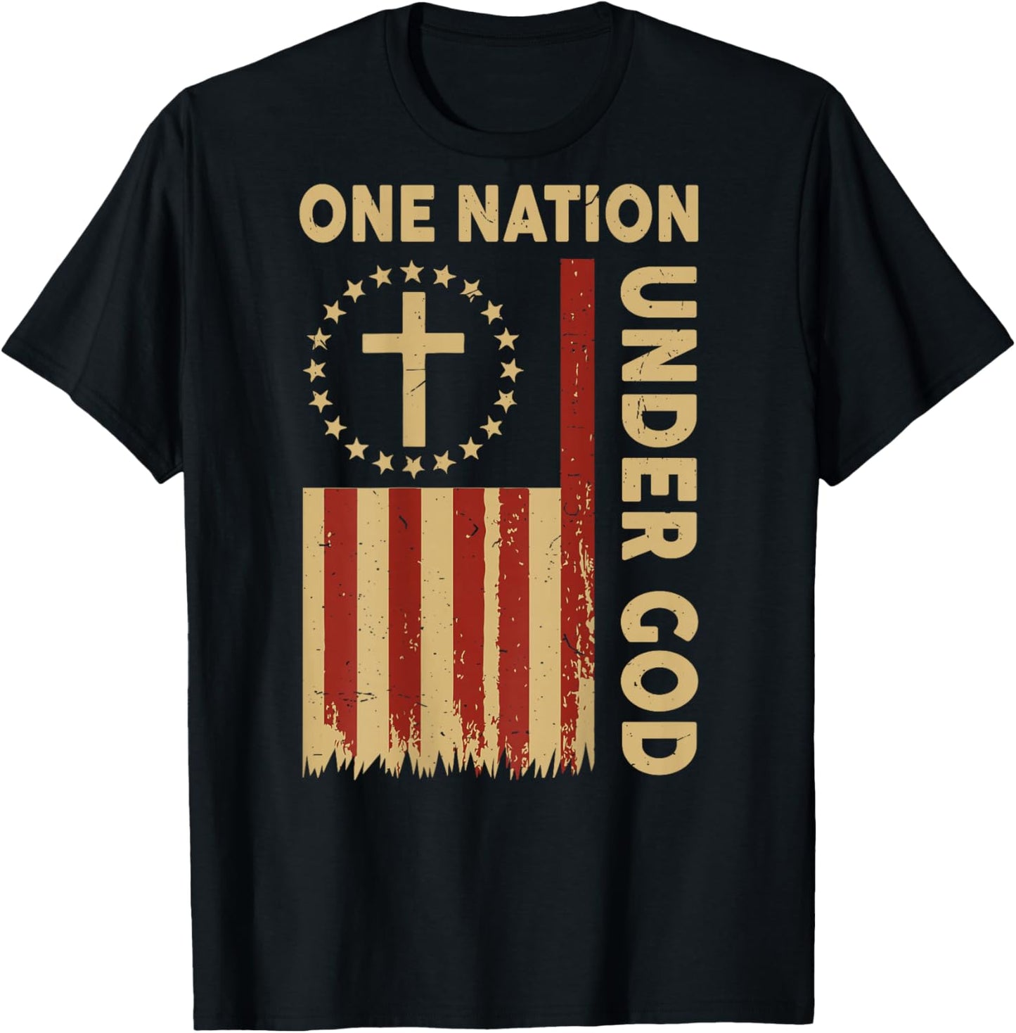 On-Back One Nation Under God American Flag Patriotic Cross T-Shirt - T-Shirt | Black