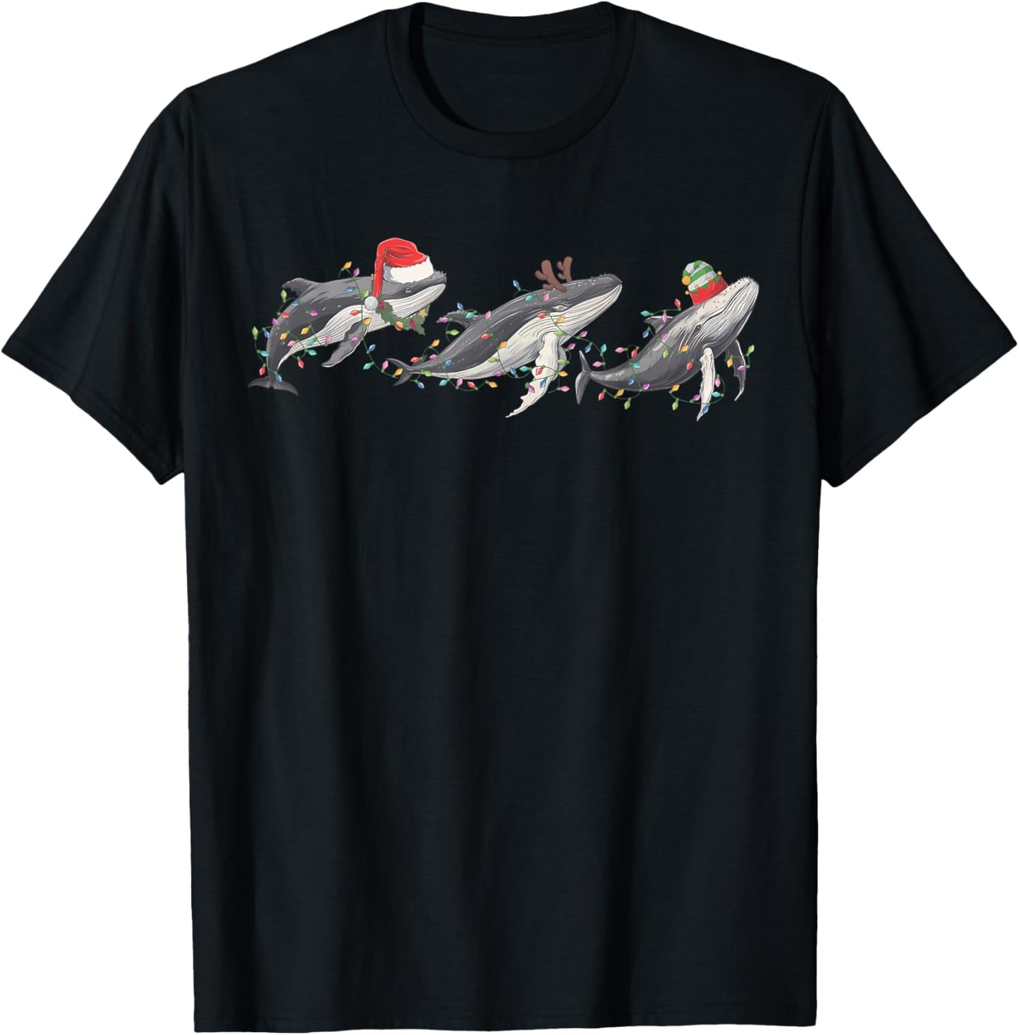 Whale Santa Hat Christmas Lights Reindeer Ocean Whales Lover T-Shirt - T-Shirt | Black
