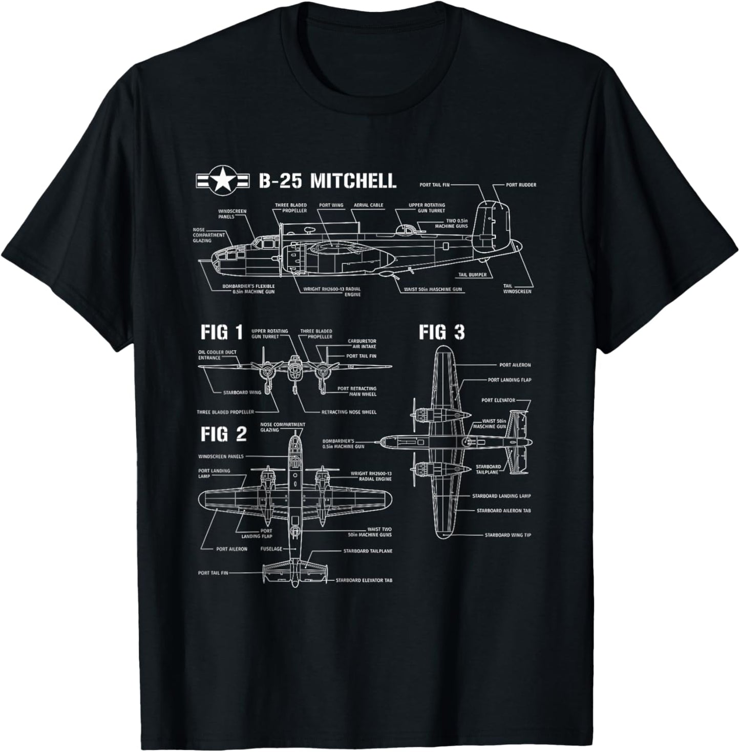 World War 2 American Aircraft B-25 Mitchell Bomber blueprint T-Shirt - T-Shirt | Black