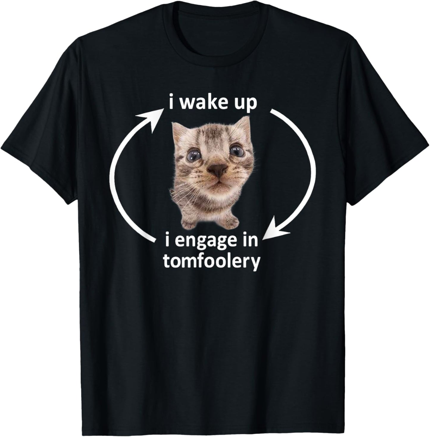 I Wake Up I Engage In Tomfoolery Funny Cat Meme Men Women T-Shirt - T-Shirt | Black