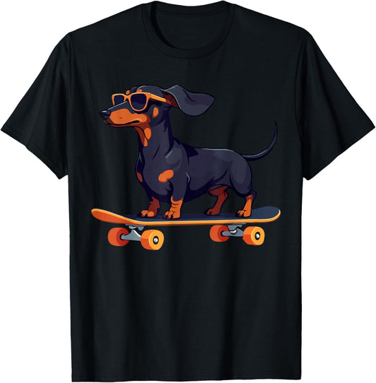 Dachshund Wiener Dog with Sunglasses on a Skateboard Funny T-Shirt - T-Shirt | Black