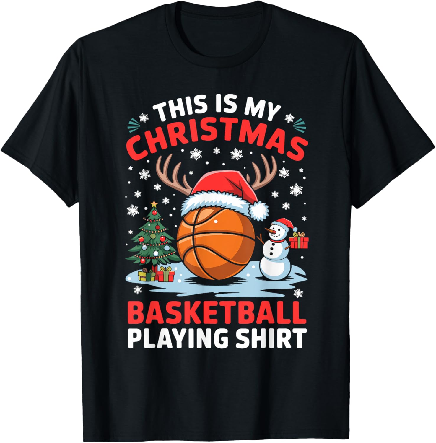 Christmas Basketball Player Santa Hat Basketball Christmas T-Shirt - T-Shirt | Black