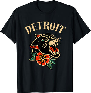 Detroit Retro Ink Panther Rose - Vintage Tattoo Style Design T-Shirt - T-Shirt | Black