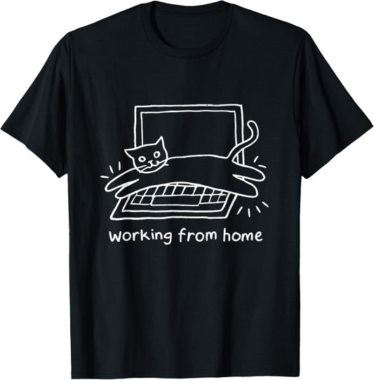 Working From Home Funny Cat and Laptop Cats Meme T-Shirt - T-Shirt | Black