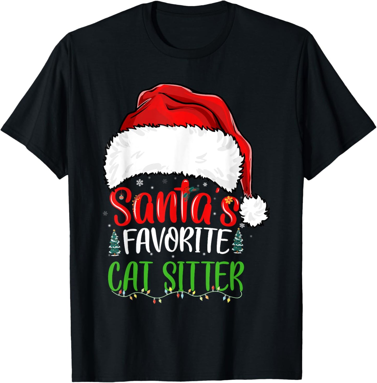 Santa's Favorite Cat Sitter Funny Christmas Cat Sitter T-Shirt - T-Shirt | Black
