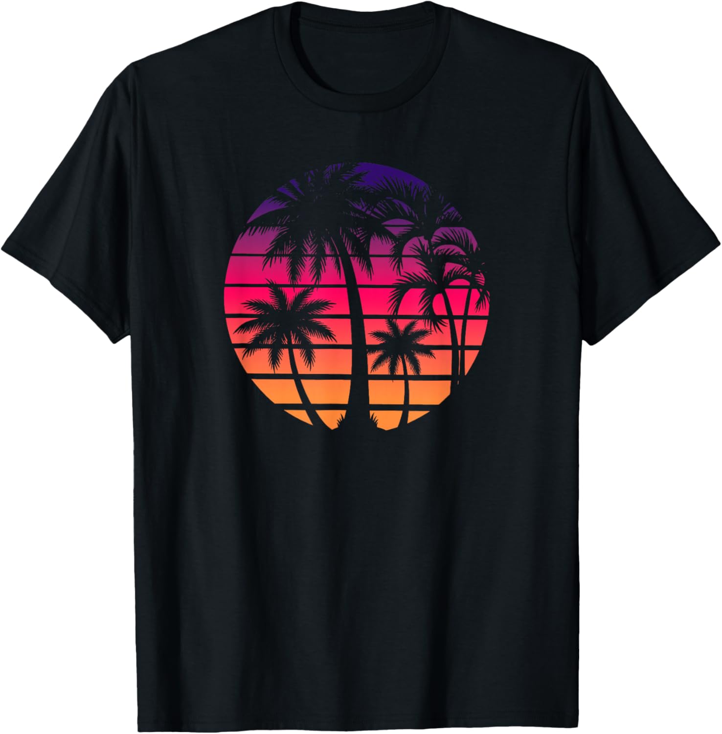 Retro 80s Sunset Palm Tree Beach Vacation Art T-Shirt - T-Shirt | Black