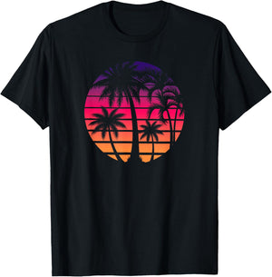 Retro 80s Sunset Palm Tree Beach Vacation Art T-Shirt - T-Shirt | Black