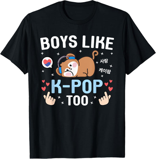 Boys Like K-Pop Too Cute Kawaii Monkey Korean Music K-Pop T-Shirt - T-Shirt | Black