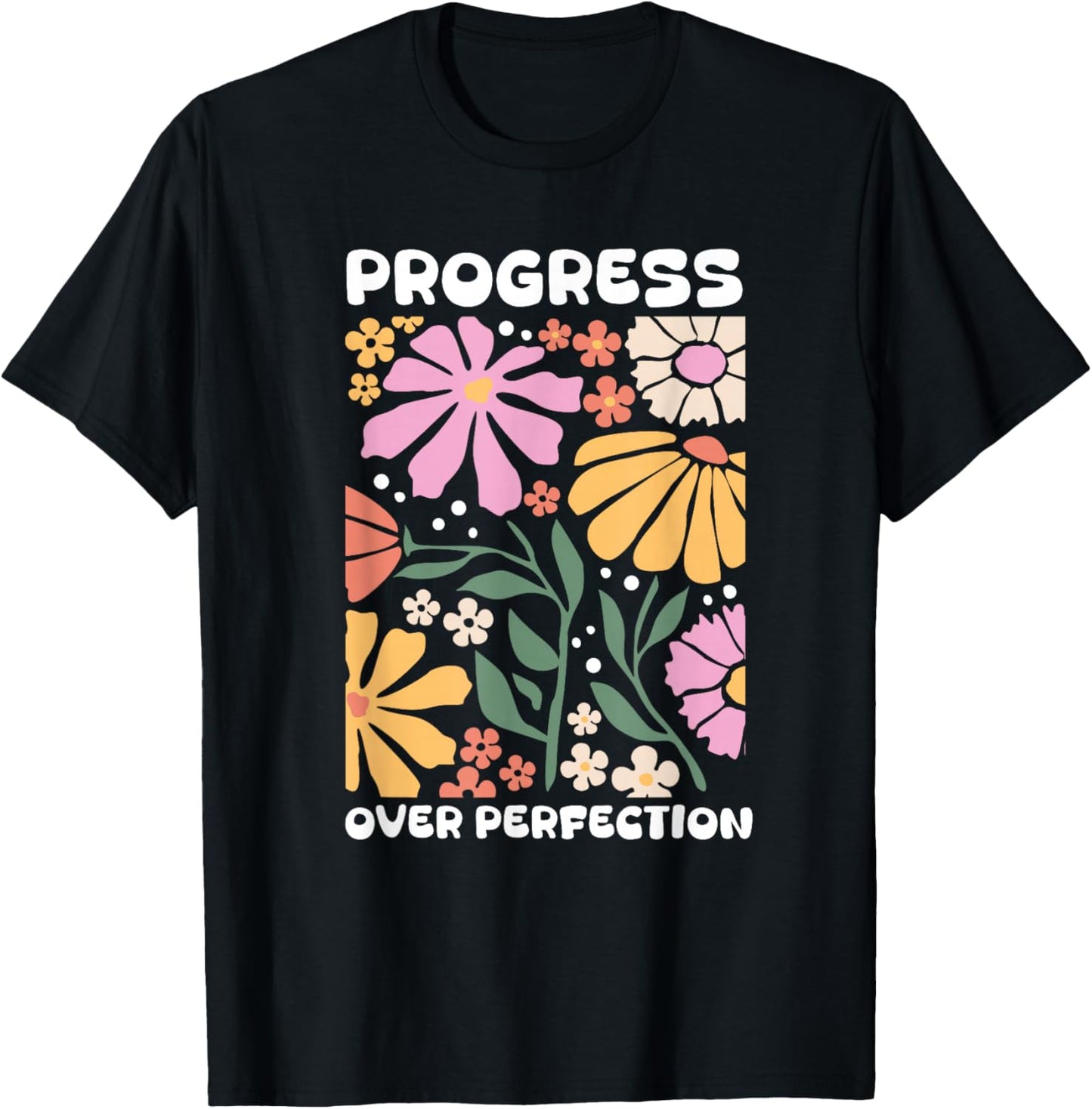 Progress Over Perfection ABA Therapist Behavior RBT Floral T-Shirt - T-Shirt | Black