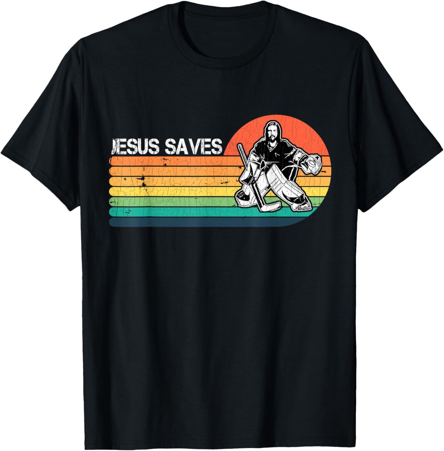 Vintage Retro Sunset Jesus Saves Hockey Player Jesus Lover T-Shirt - T-Shirt | Black