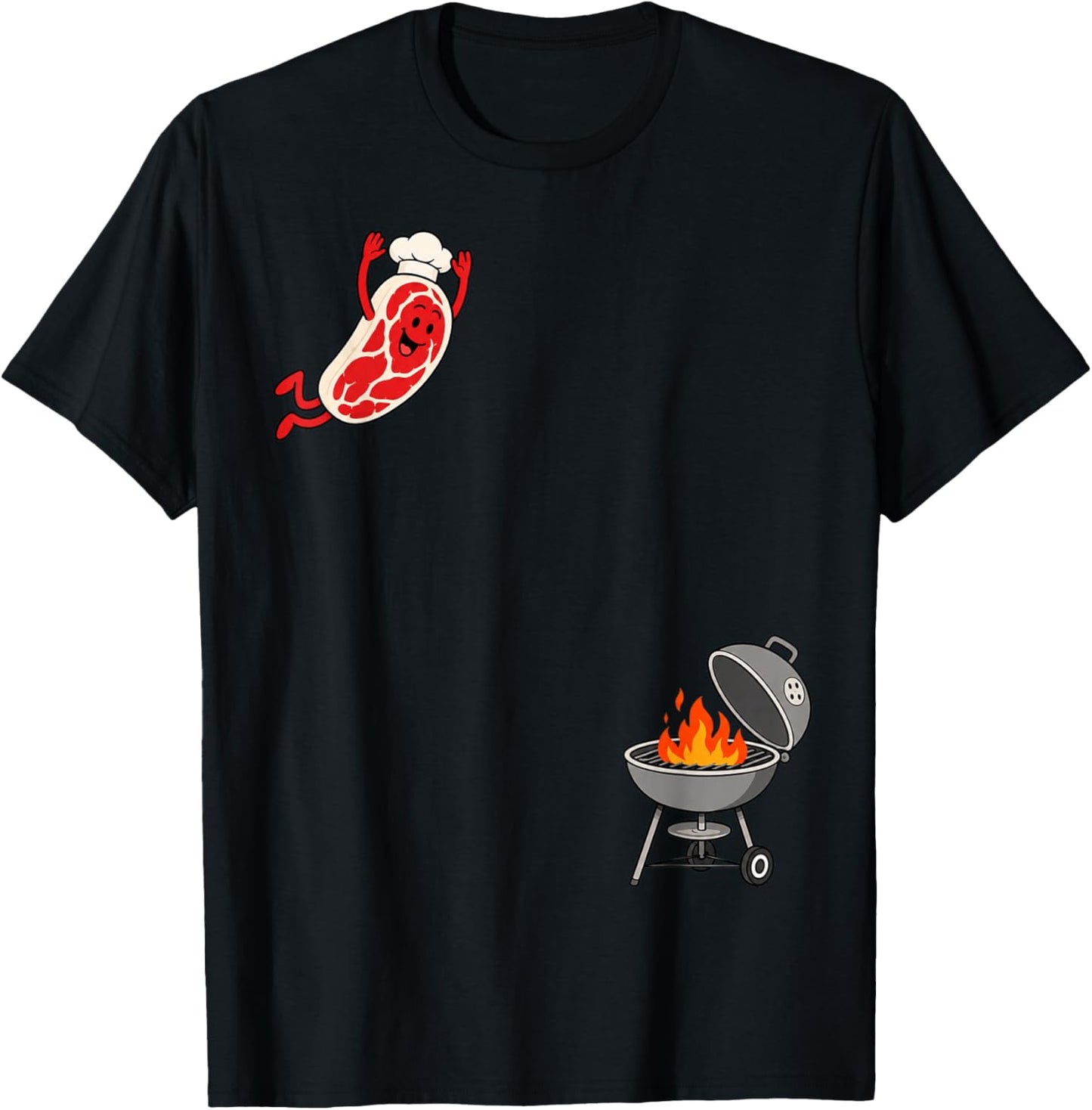 Funny Chef Steak Jumping Into BBQ Grill Cartoon T-Shirt - T-Shirt | Black