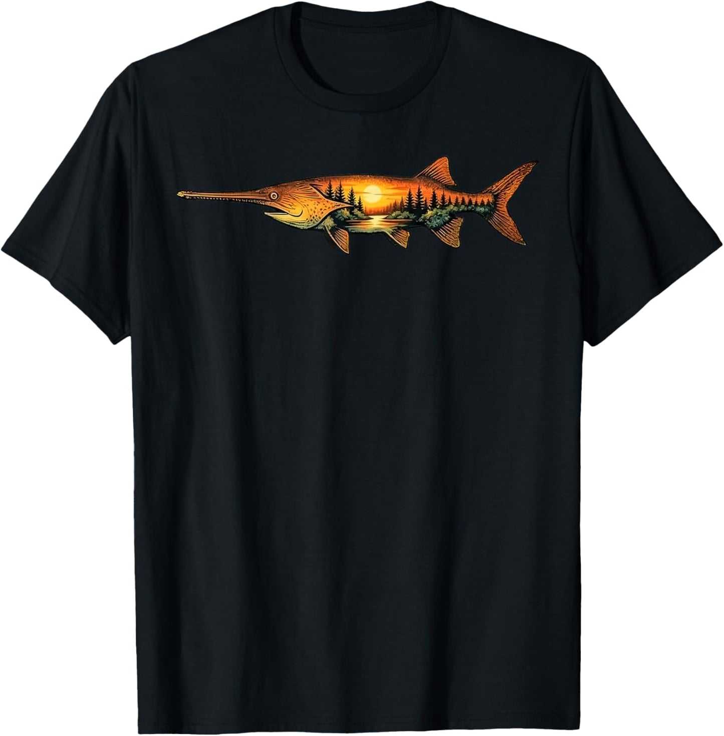 Paddlefish Fishing Sunset Nature Landscape T-Shirt - T-Shirt | Black