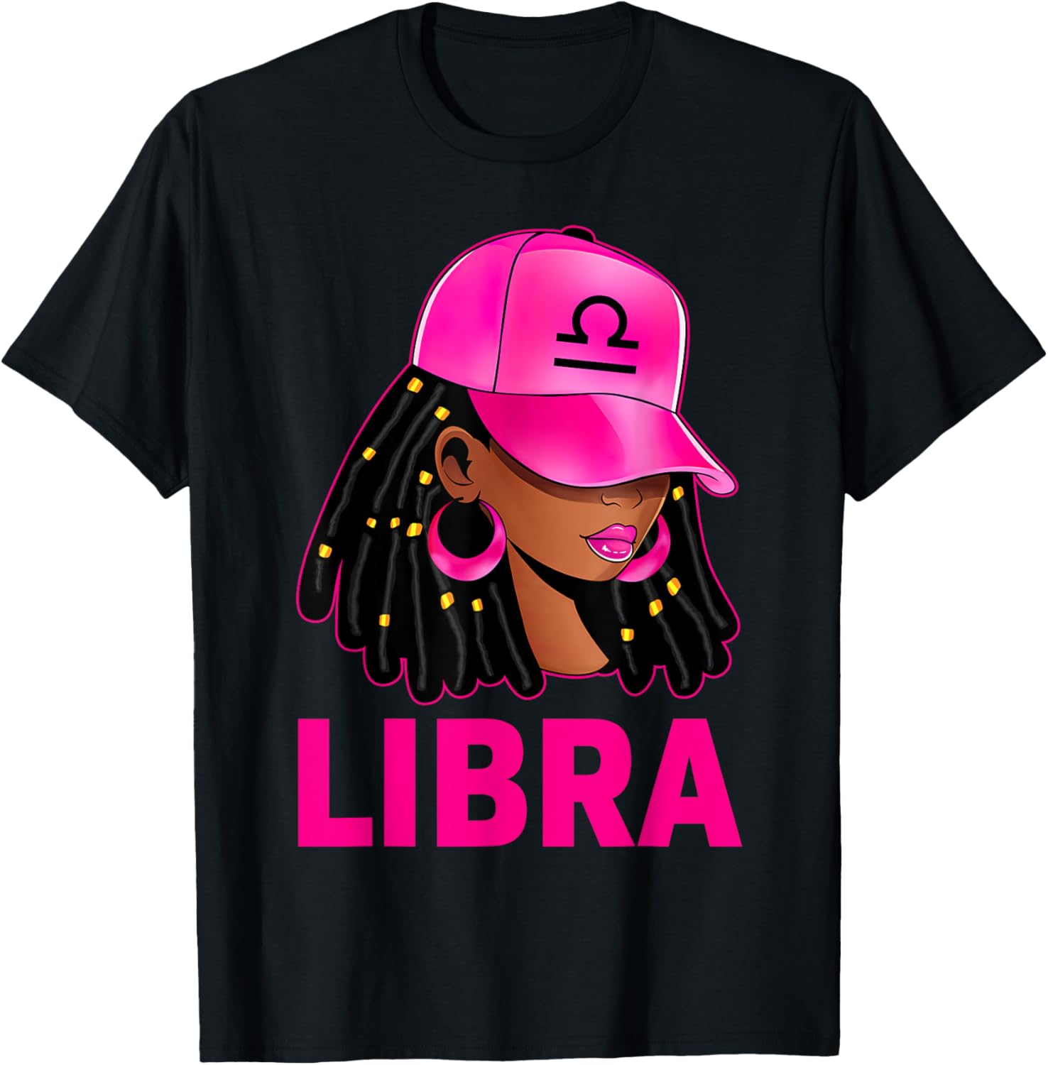 Libra Queen Loc'd Hair Black Woman Cap Zodiac Sign T-Shirt - T-Shirt | Black