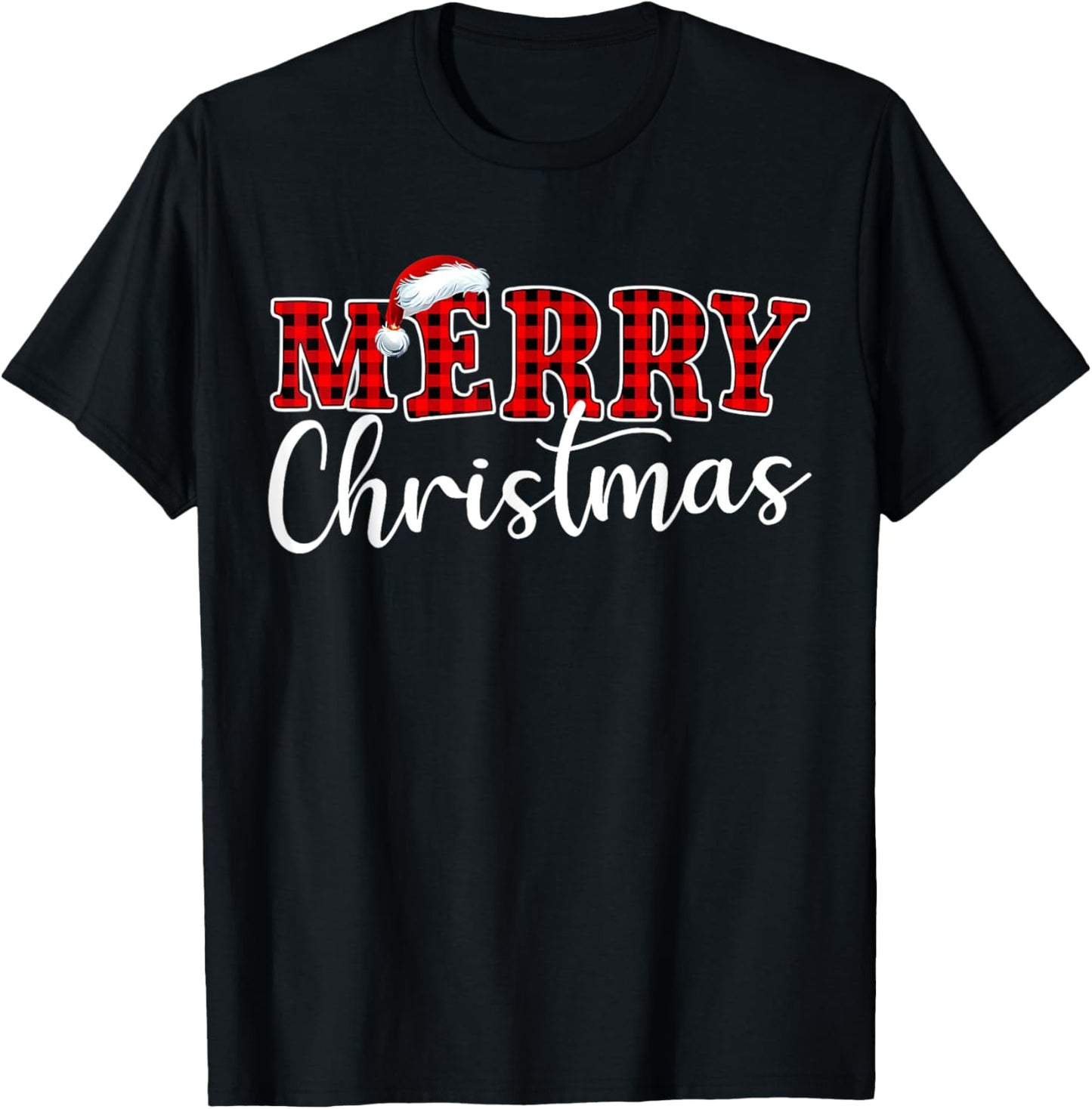 Merry Christmas Buffalo Plaid Red Santa Hat Xmas Pajamas T-Shirt - T-Shirt | Black