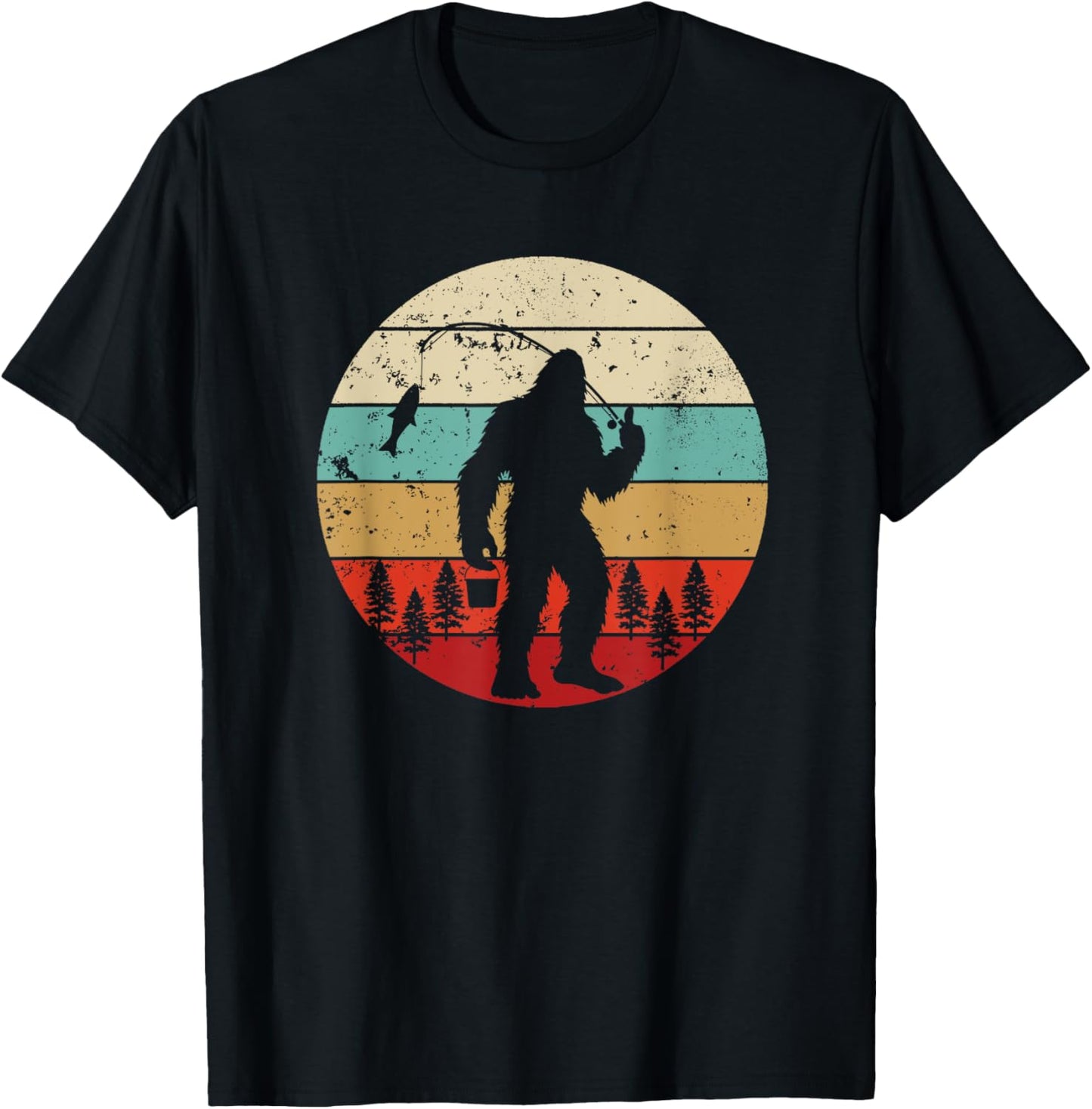 Bigfoot Fishing Funny Fisherman Retro Sasquatch Dad Men Kids T-Shirt - T-Shirt | Black