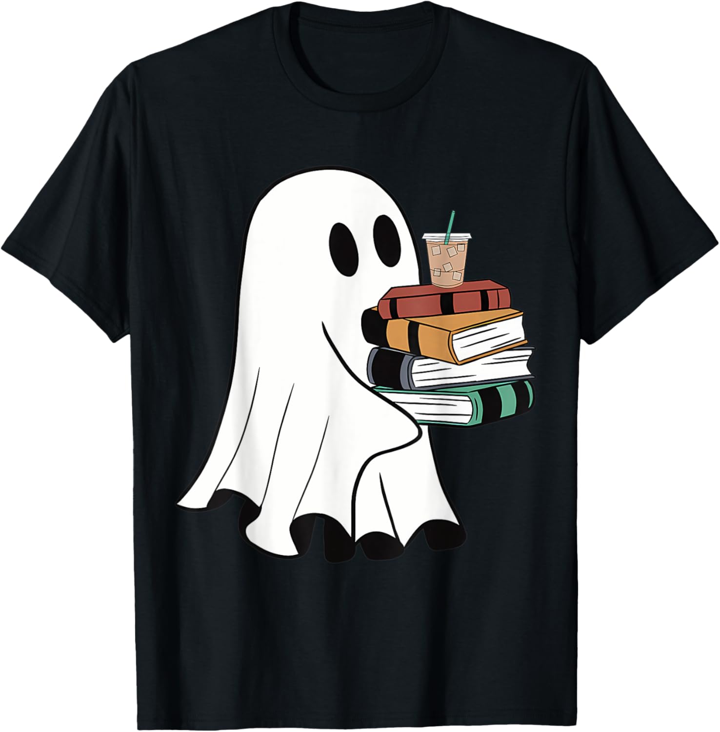 Ghost With Books Coffee Halloween For Book Lover T-Shirt - T-Shirt | Black