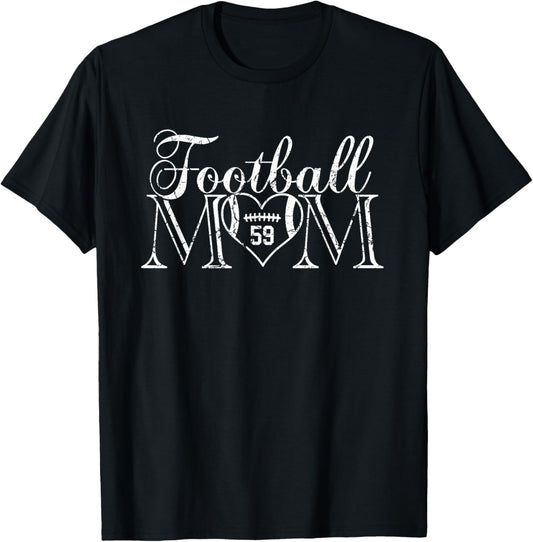 Football Mom Number 59 Football Heart #59 Game Day T-Shirt - T-Shirt | Black