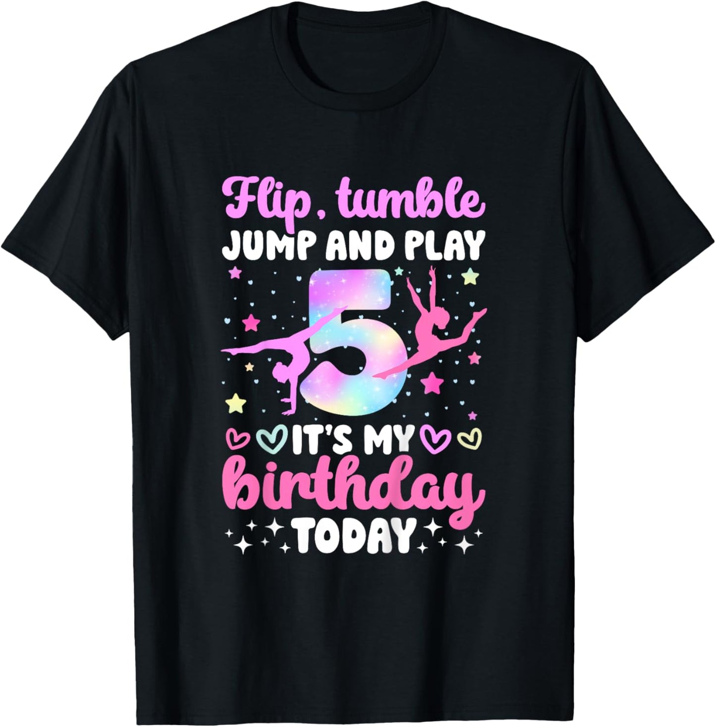 Kids 5th Gymnastics Birthday Party Five Year Old Gymnast Girl T-Shirt - T-Shirt | Black