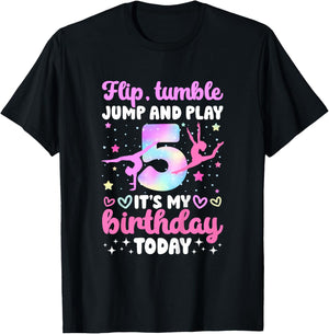 Kids 5th Gymnastics Birthday Party Five Year Old Gymnast Girl T-Shirt - T-Shirt | Black