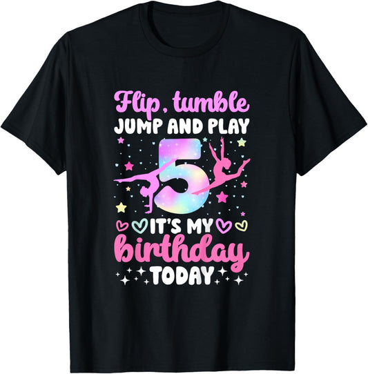 Kids 5th Gymnastics Birthday Party Five Year Old Gymnast Girl T-Shirt - T-Shirt | Black