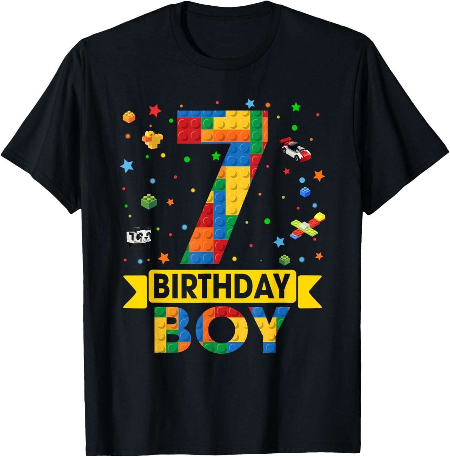 Kids Funny 7 Year Old Building Blocks 7th Birthday Boy T-Shirt - T-Shirt | Black