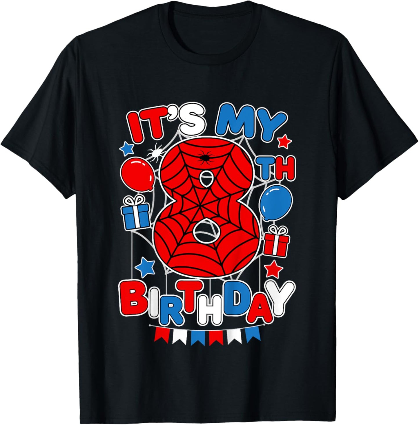 Kids It's My 8th Birthday Spider Theme Party 8 Year Old Boys Kids T-Shirt - T-Shirt | Black
